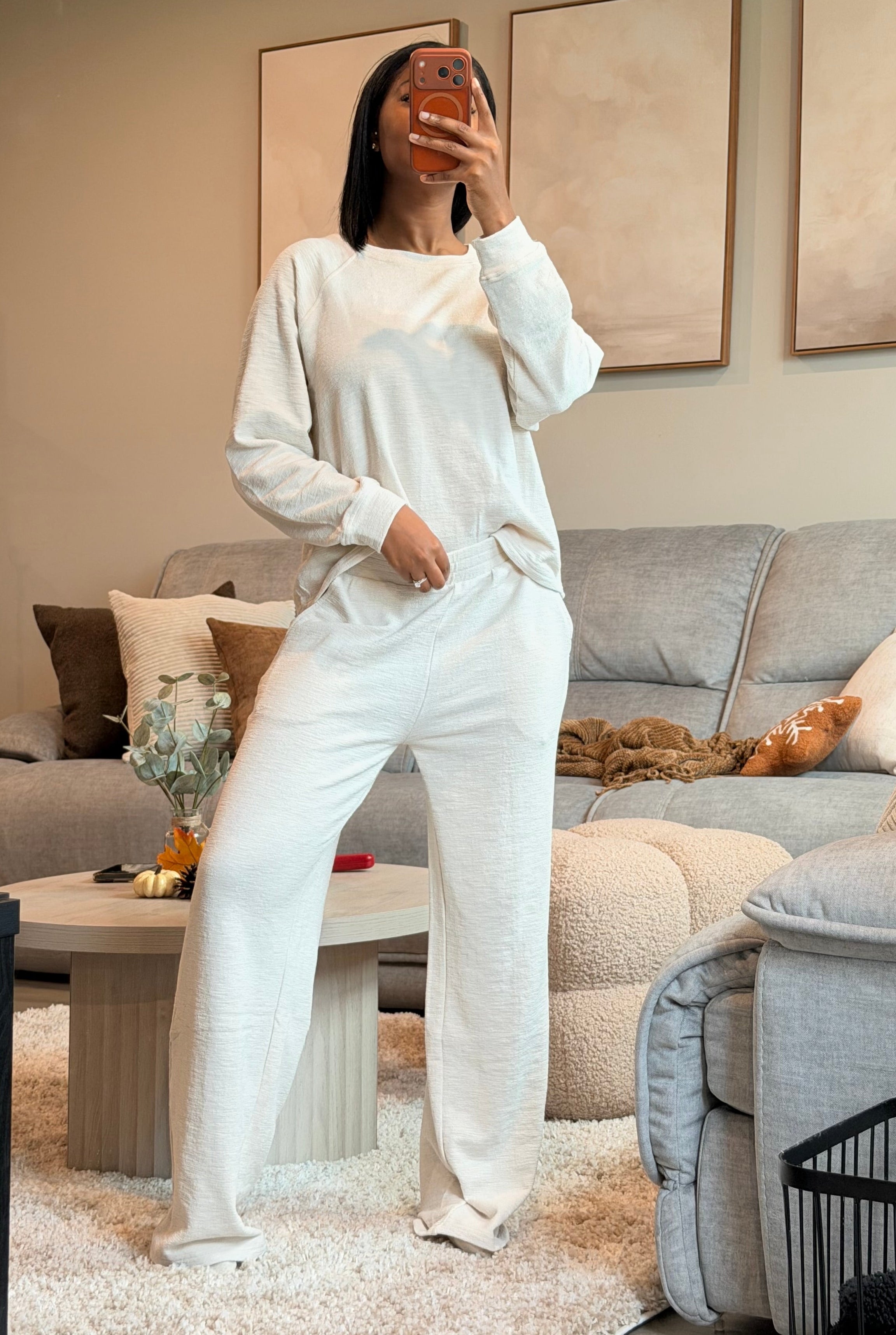 Sand beige slub long sleeve and wide leg two piece set