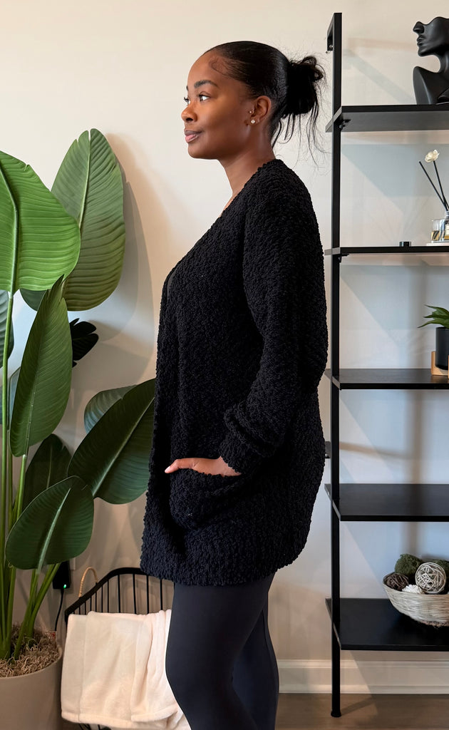 BLACK LONG SLEEVE POPCORN SWEATER CARDIGAN WITH POCKETS