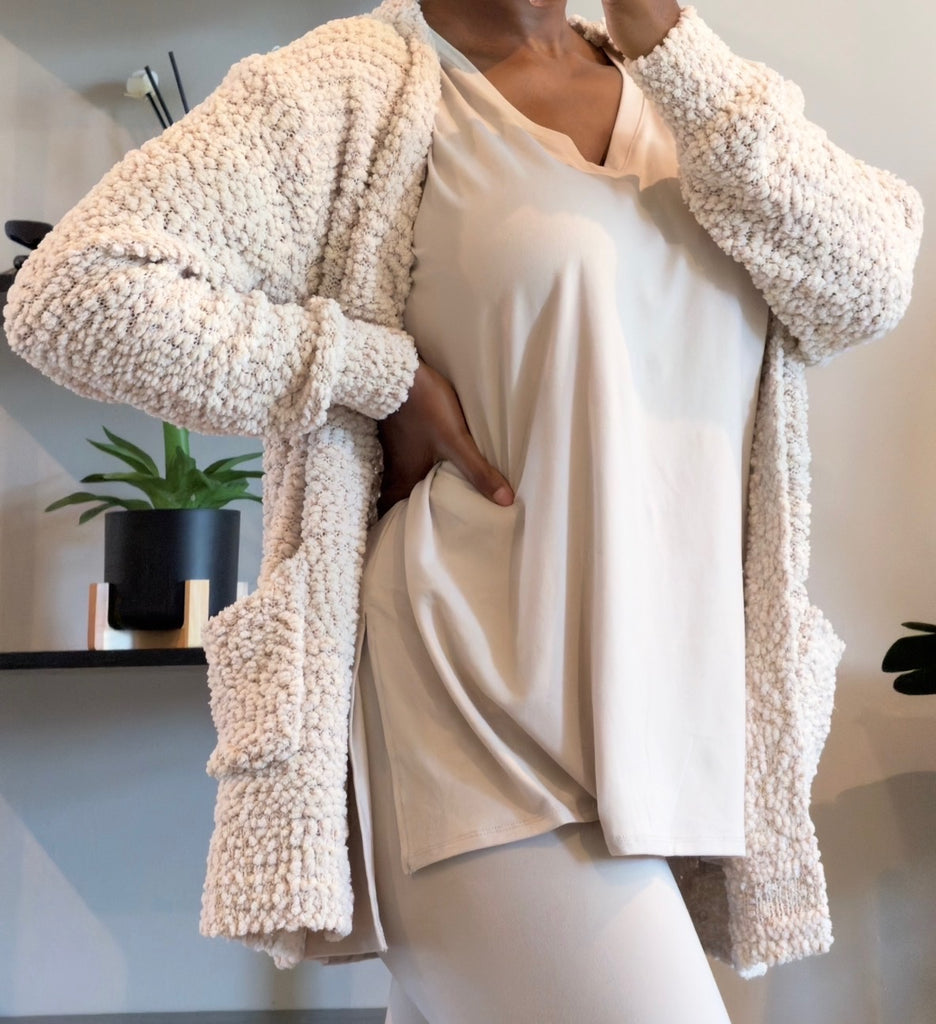 SAND BEIGE LONG SLEEVE POPCORN SWEATER CARDIGAN WITH POCKETS