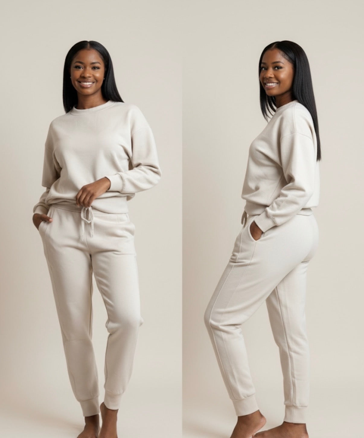 Sand Beige scuba crew-neck pull over two piece set