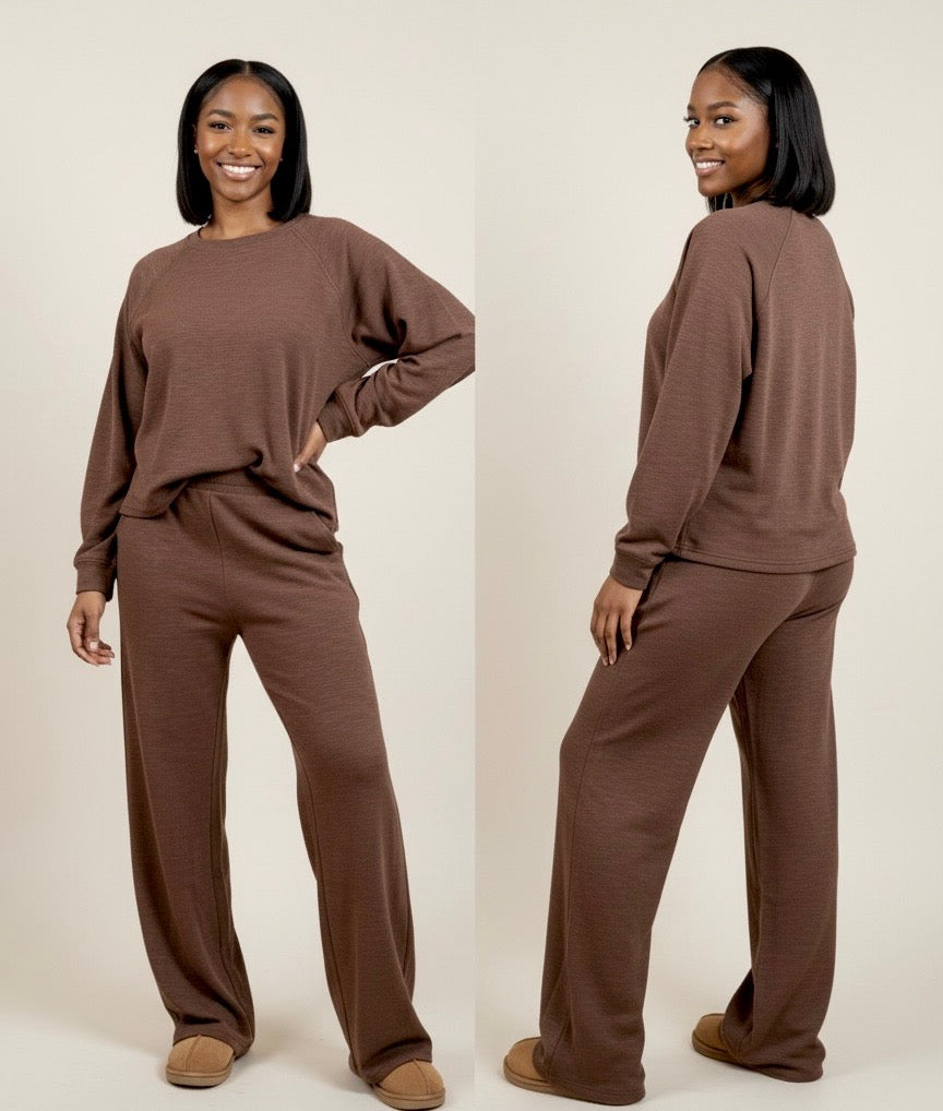 Slub long sleeve and wide leg two piece set