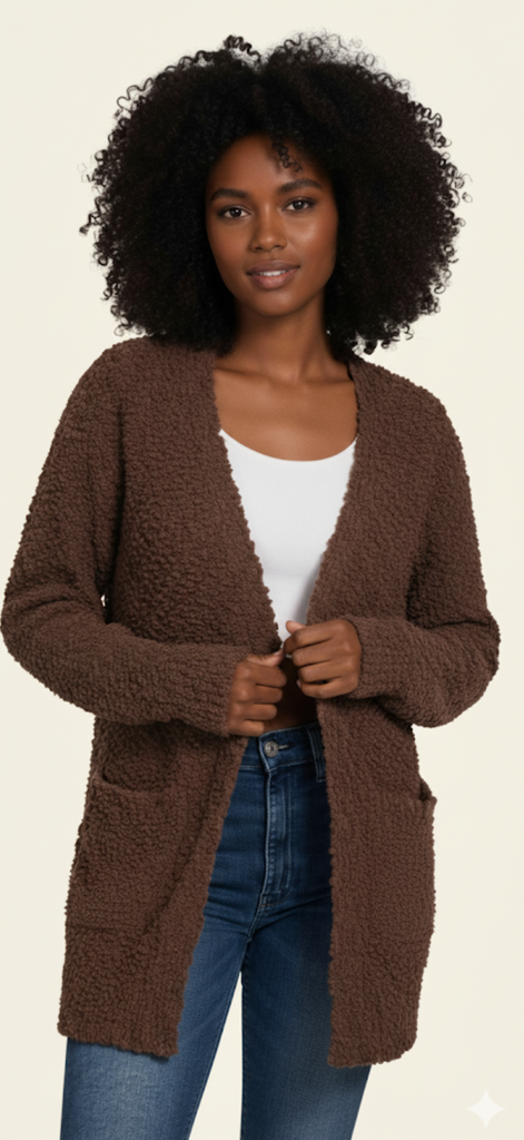 Woman wearing a brown cardigan over a white shirt and blue jeans on a beige background